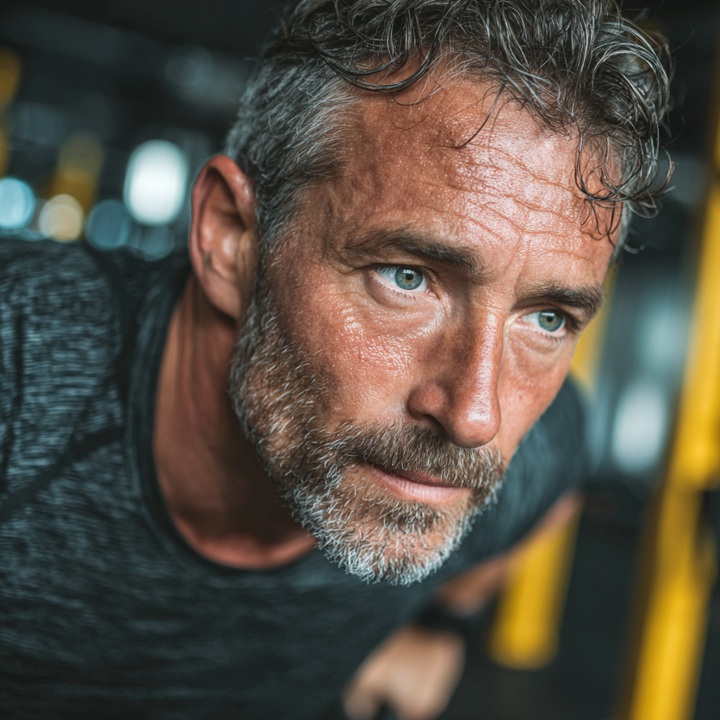 Active man in his 50s performing functional exercise movements in a well-equipped fitness studio, showing proper form and concentration during workout session