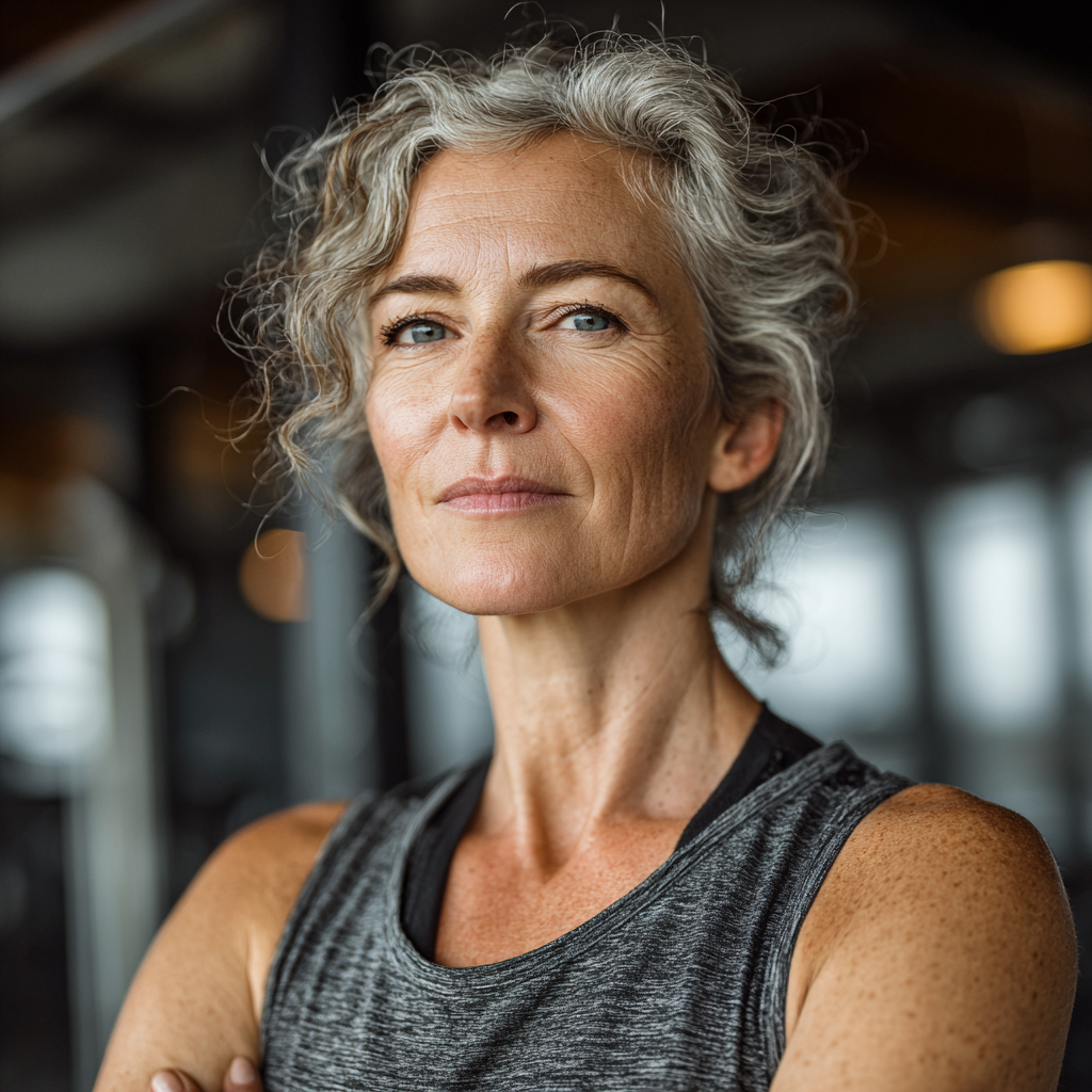 Confident mature woman in her 40s wearing athletic wear, standing in a modern gym environment with natural lighting, displaying determination and fitness motivation